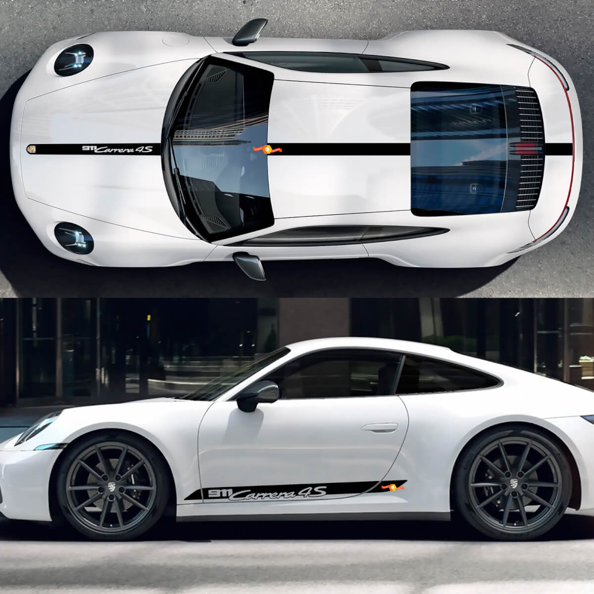Kit de calcomanías para capó lateral, techo, franjas de paneles laterales y puertas para Porsche 911 Carrera 4S.
