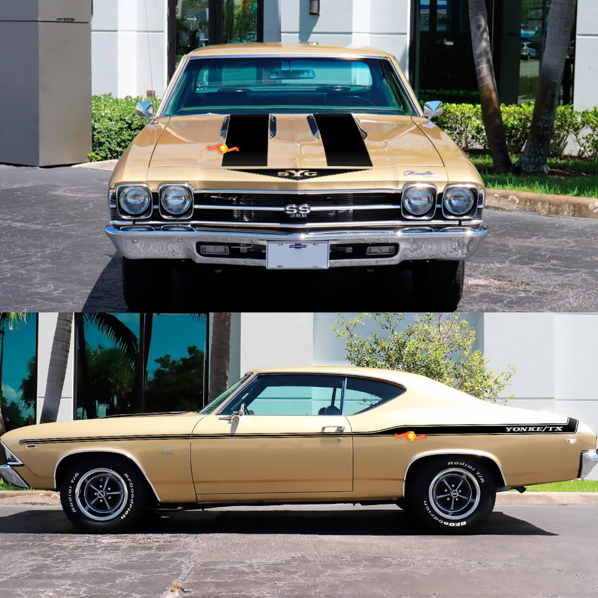 Juego de calcomanías de rayas laterales y capó YONKE-TX para Chevrolet Chevelle 1969
