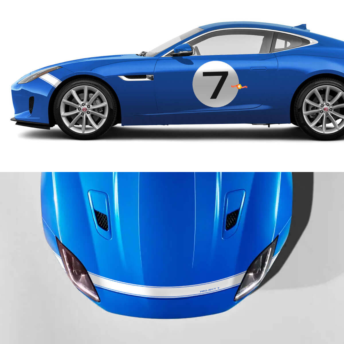 Kit de adhesivos vinílicos para puerta con emblema redondo y franjas en el capó Project 7 Style para Jaguar F-Type