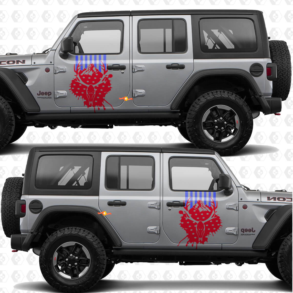 Calcomanía de vinilo con franjas de calaveras de ciervo y bandera de EE. UU. para puertas laterales, compatible con Jeep Wrangler