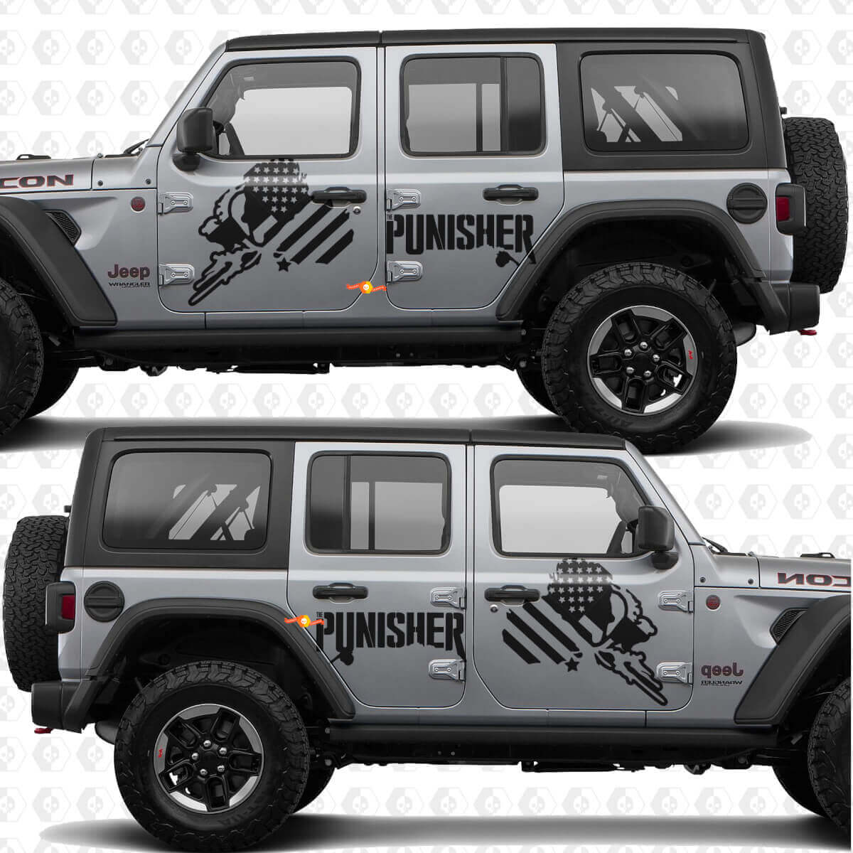 Calcomanía de vinilo con franjas y bandera de EE. UU. Punisher para puertas laterales, compatible con Jeep Wrangler