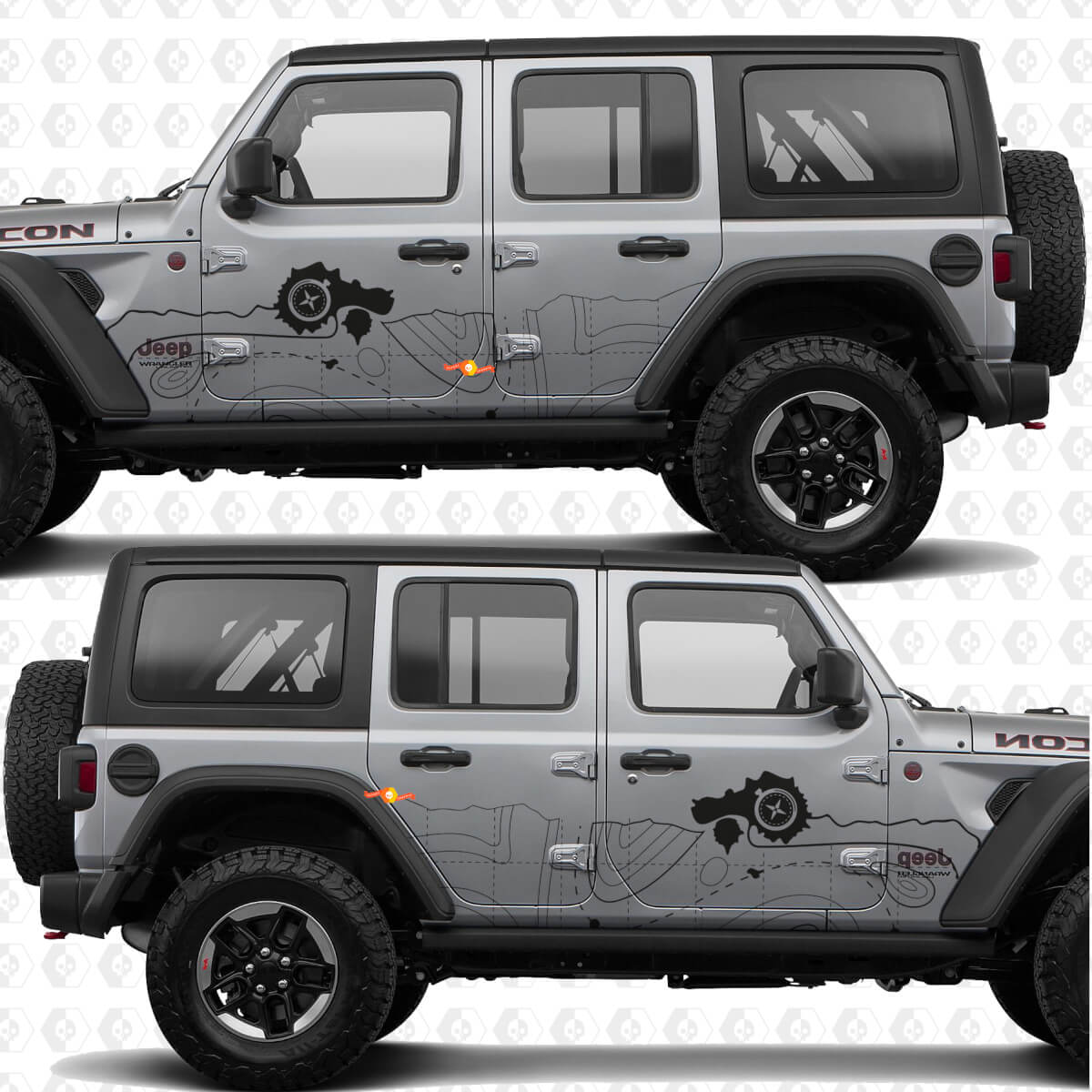 Calcomanía de vinilo con franjas en forma de brújula de mapa topográfico para puertas laterales, compatible con Jeep Wrangler