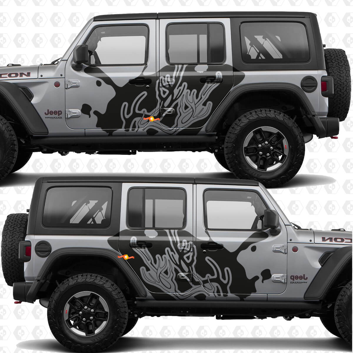 Calcomanía de vinilo silueta de astas con salpicaduras para puertas laterales compatible con Jeep Wrangler