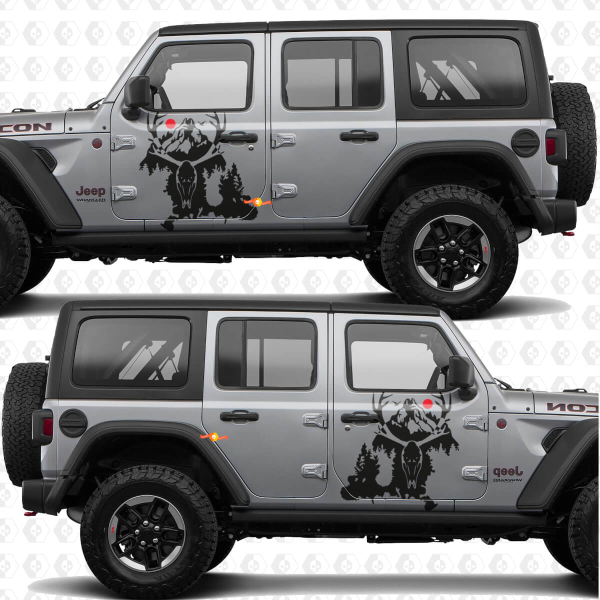 Calcomanía de vinilo con diseño de cráneo de ciervo y montañas para puertas laterales Splash, compatible con Jeep Wrangler