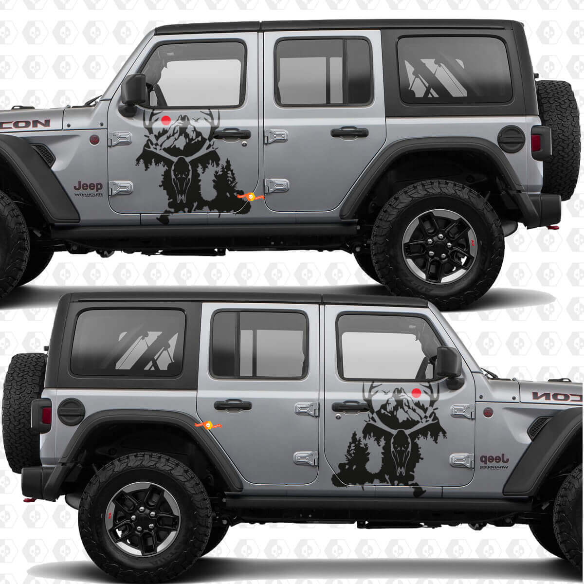 Calcomanía de vinilo con diseño de cráneo de ciervo y montañas para puertas laterales Splash, compatible con Jeep Wrangler