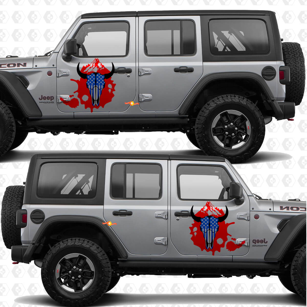 Calcomanía de vinilo para puertas laterales con bandera de EE. UU. de Skull Goat compatible con Jeep Wrangler