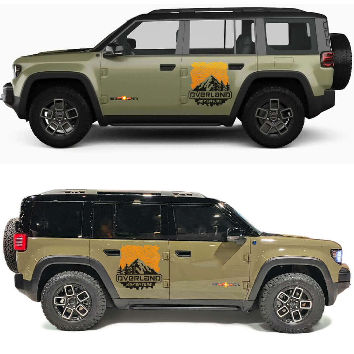 Calcomanía de vinilo para puertas laterales con mapa topográfico y montañas de aventura Overland para Jeep Recon