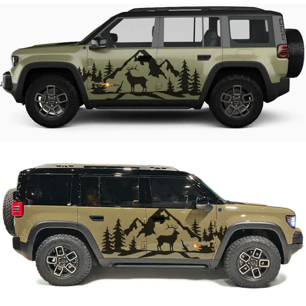 Vinilo decorativo para puertas laterales con ciervos, montañas y árboles para Jeep Recon