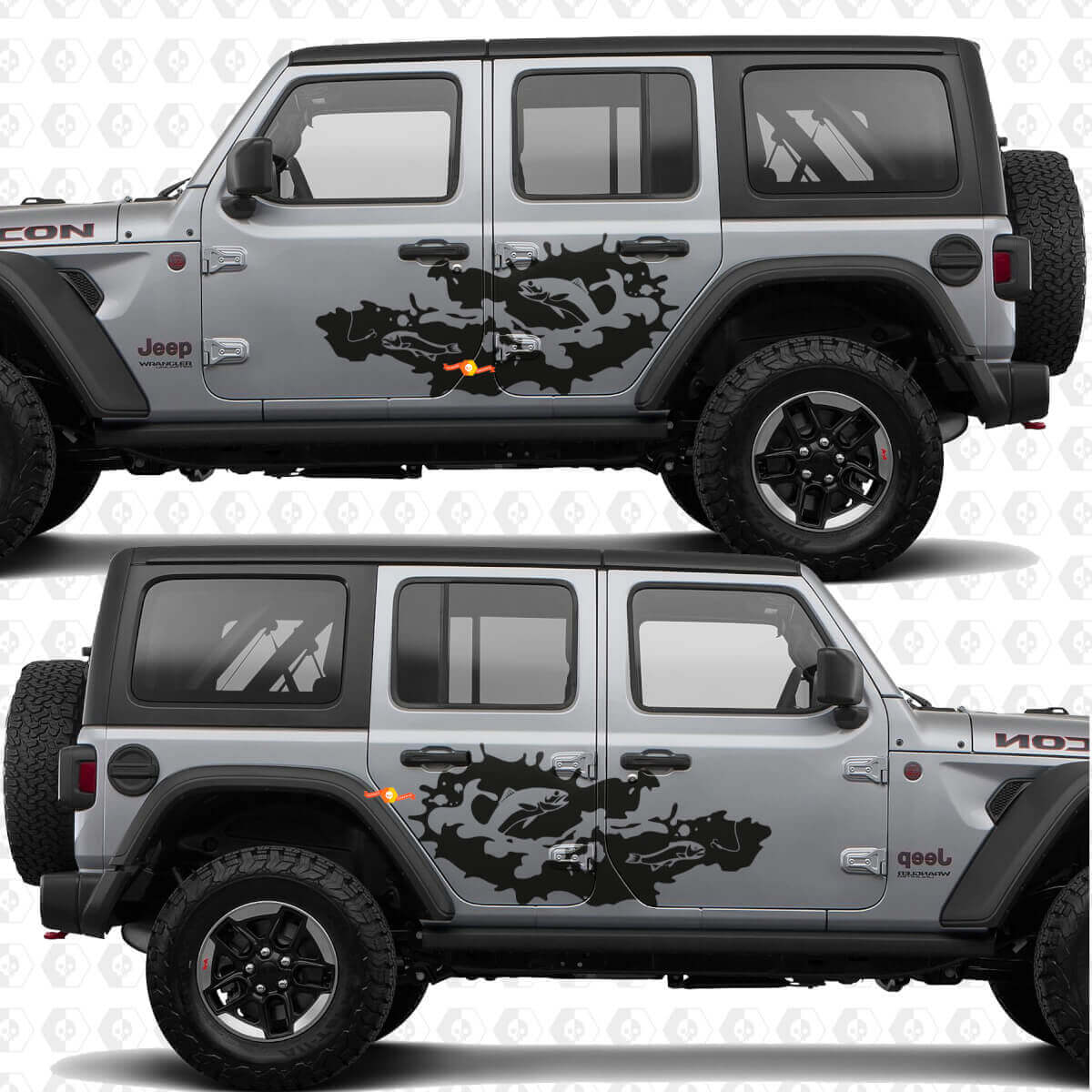Vinilo adhesivo para puertas laterales con diseño de pesca de trucha y salpicaduras de agua, compatible con Jeep Wrangler