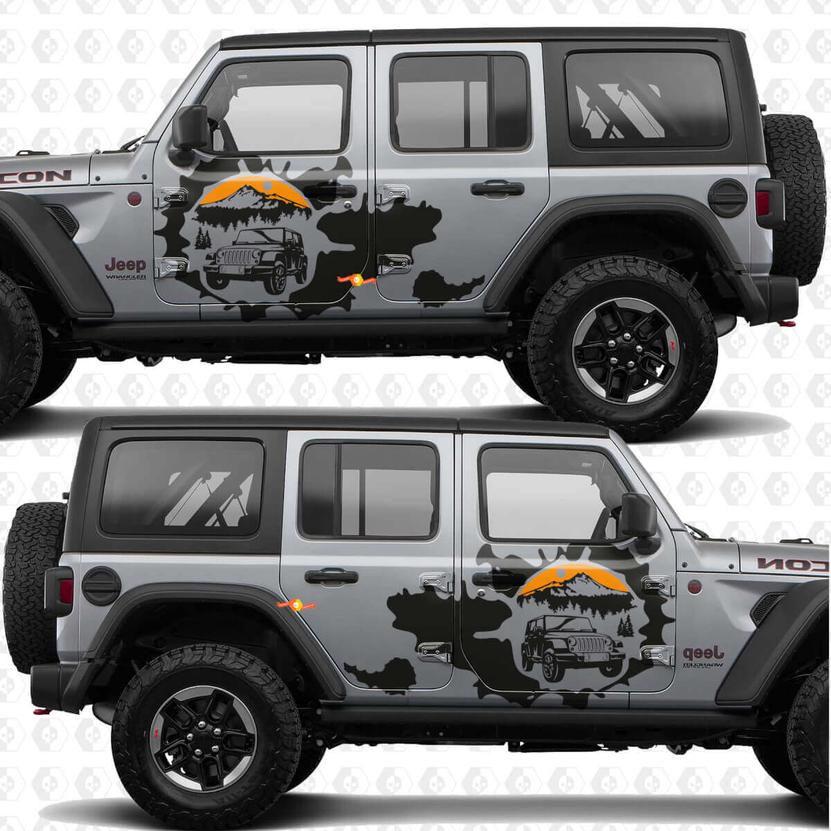 Vinilo adhesivo de calcomanía para puertas laterales Splash atardecer montañas Overland, compatible con Jeep Wrangler