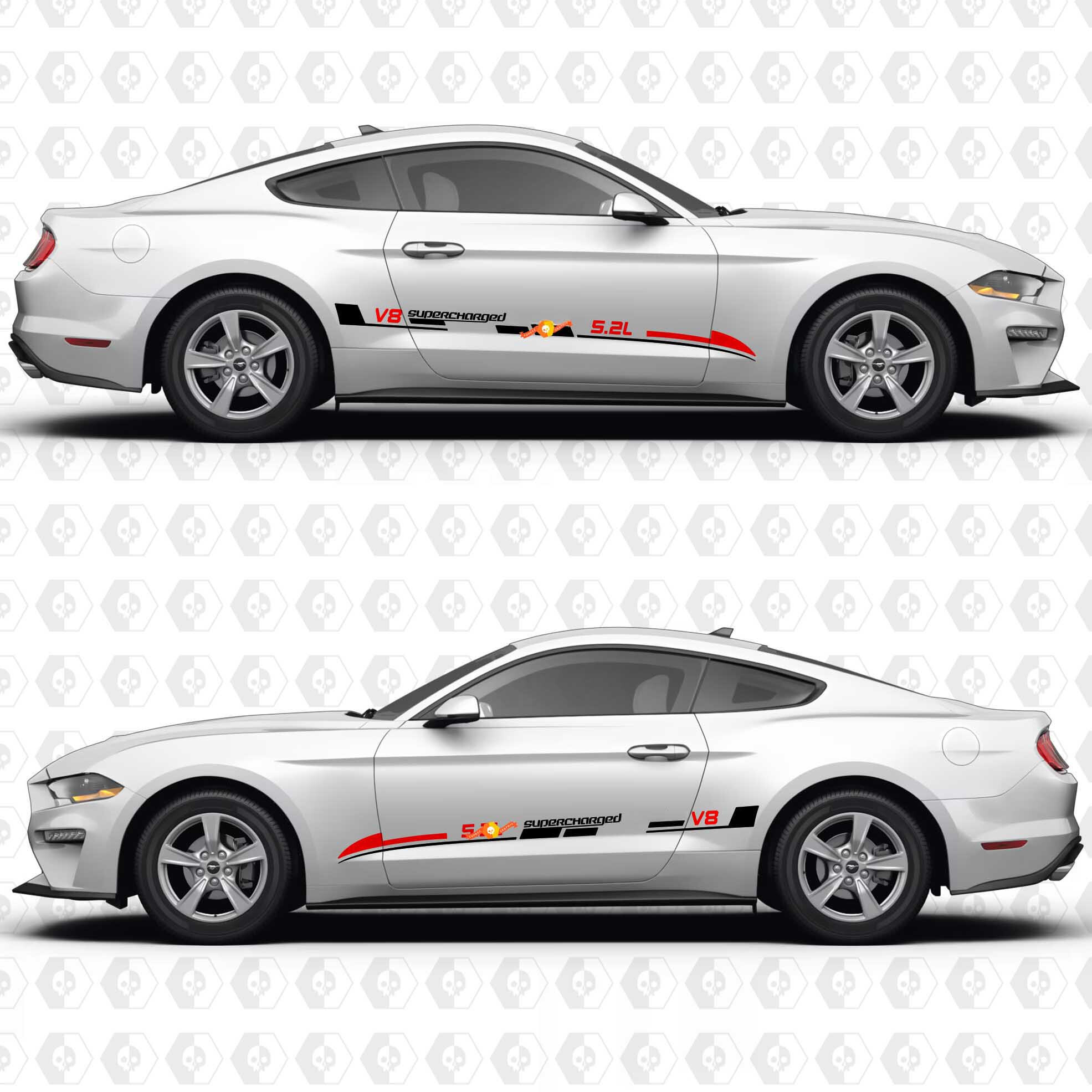 Vinilo adhesivo de franjas Aero Flow para la puerta lateral 5.2L V8 sobrealimentado para Ford Mustang 2014-2024