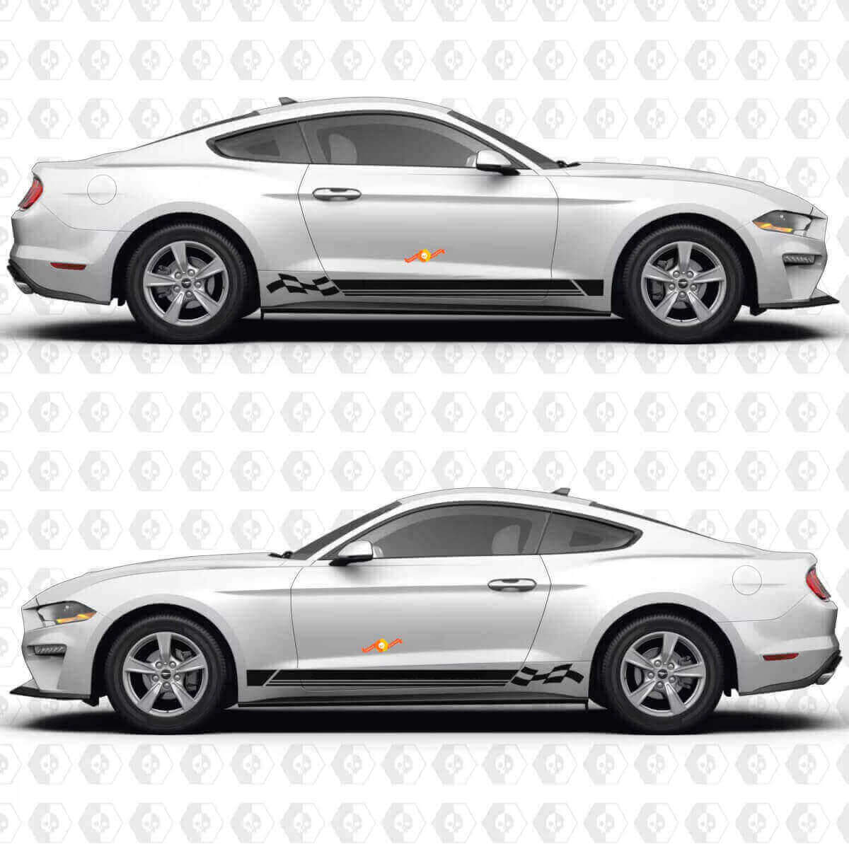 Adhesivo Vinilo Lateral de Bandera a Cuadros y Triple Raya para Ford Mustang