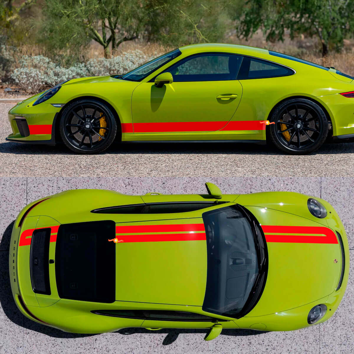 Kit de Calcomanías de Vinilo con Dobles Rayas de Carreras en los Lados, Capó, Techo y Maletero para Porsche 718 Cayman Boxster