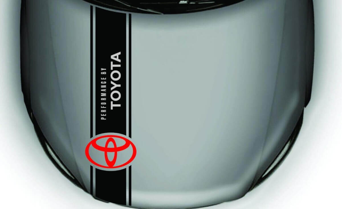 Calcomanía de vinilo de franjas en el capó Performance by Toyota para coches Toyota