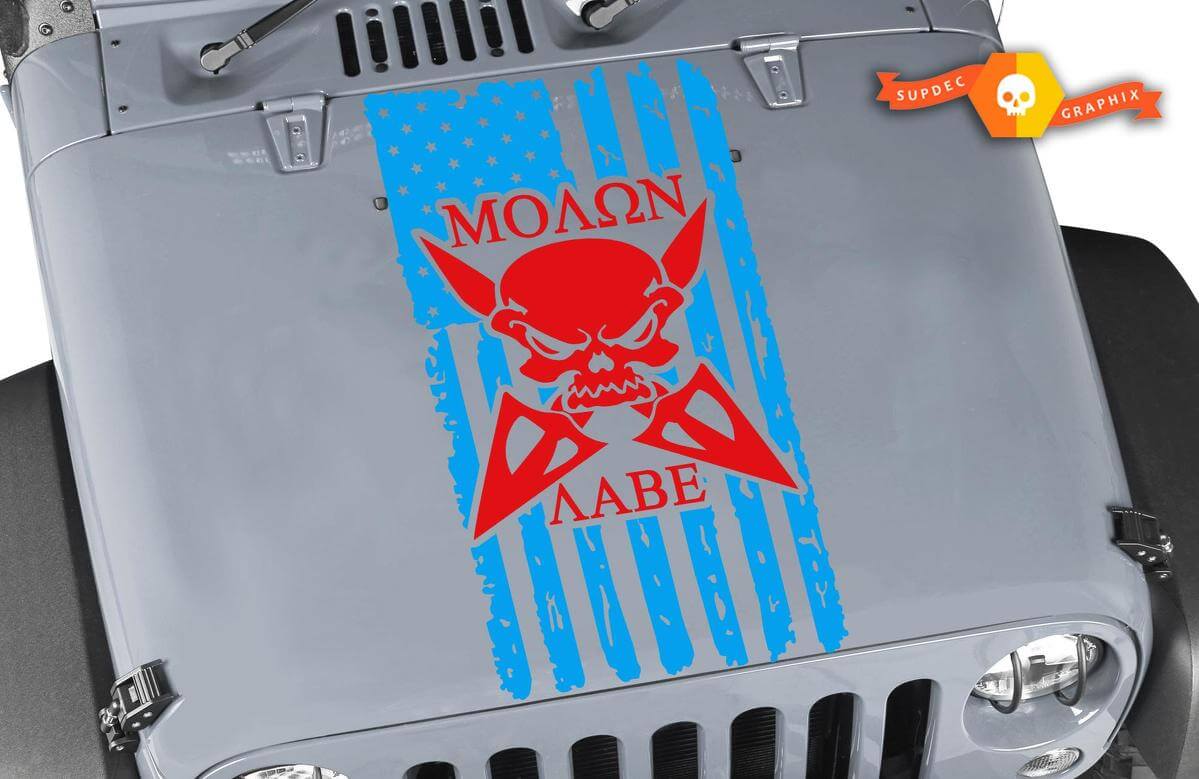 Calcomanía de vinilo con capucha de calavera y bandera desgastada Molon Labe para Jeep Wrangler