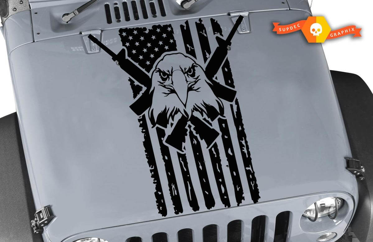 Calcomanía de Vinilo para Capó con Águila Calva, Bandera de EE. UU. Desgastada y Rifles Cruzados para Jeep Wrangler
