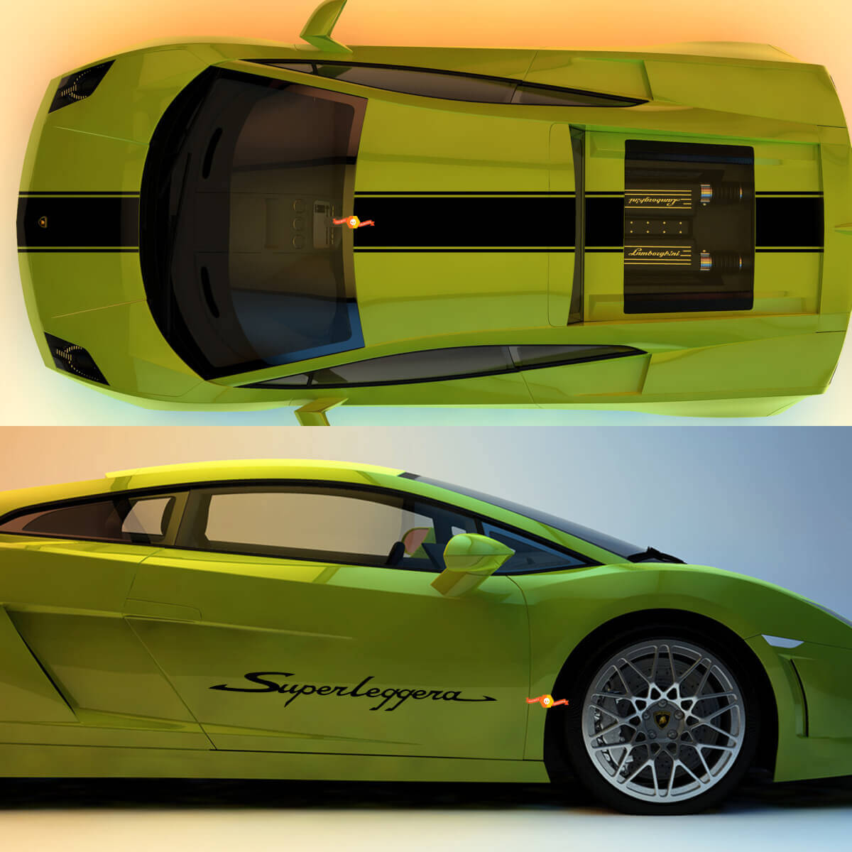 Kit de Calcomanías Vinilo de Rayas de Carreras para Capó, Techo, Maletero y Lado para Lamborgini Gallardo SL-2 2003-2013