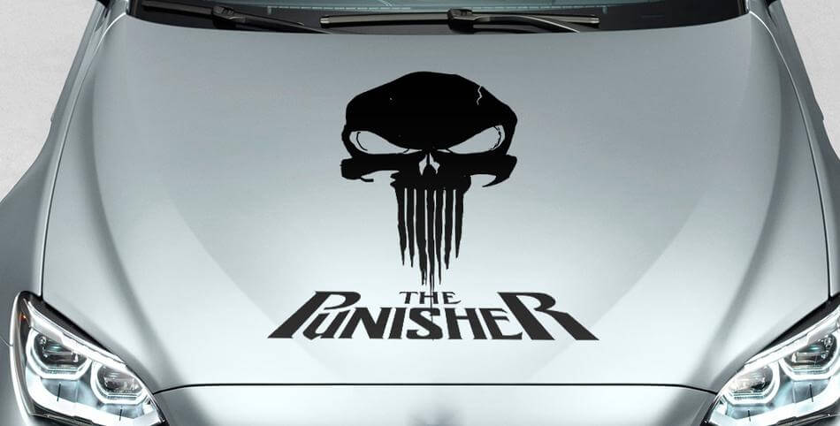 Calcomanía de vinilo lateral para capó con calavera PUNISHER y palabras en sangre para coche todoterreno SUV.
