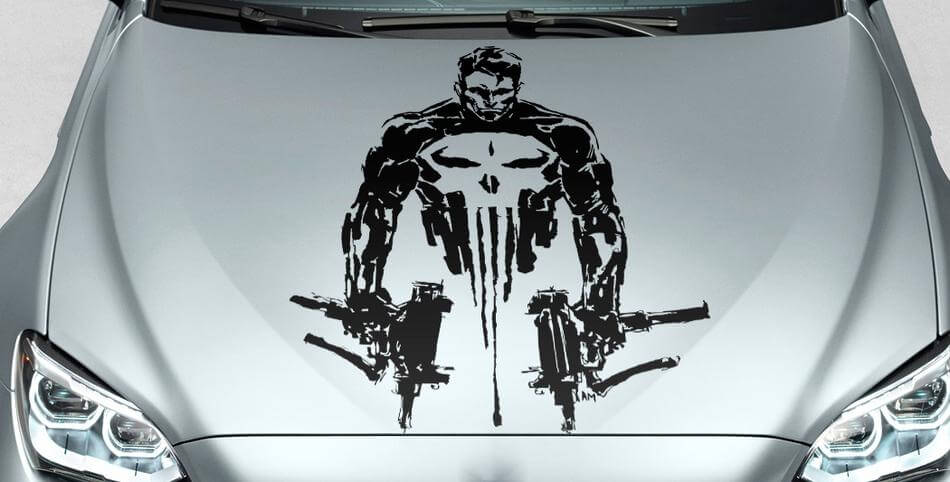 PUNISHER calavera hombre arte angustiado sangre capucha lateral vinilo pegatina para coche pista suv #1