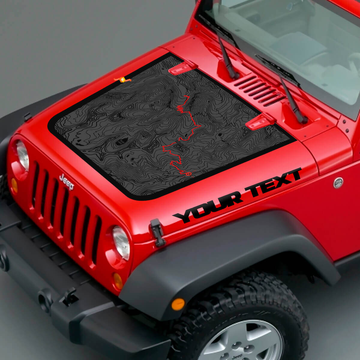 Vinilo adhesivo con diseño de mapa topográfico y texto personalizado para capó de Jeep Wrangler