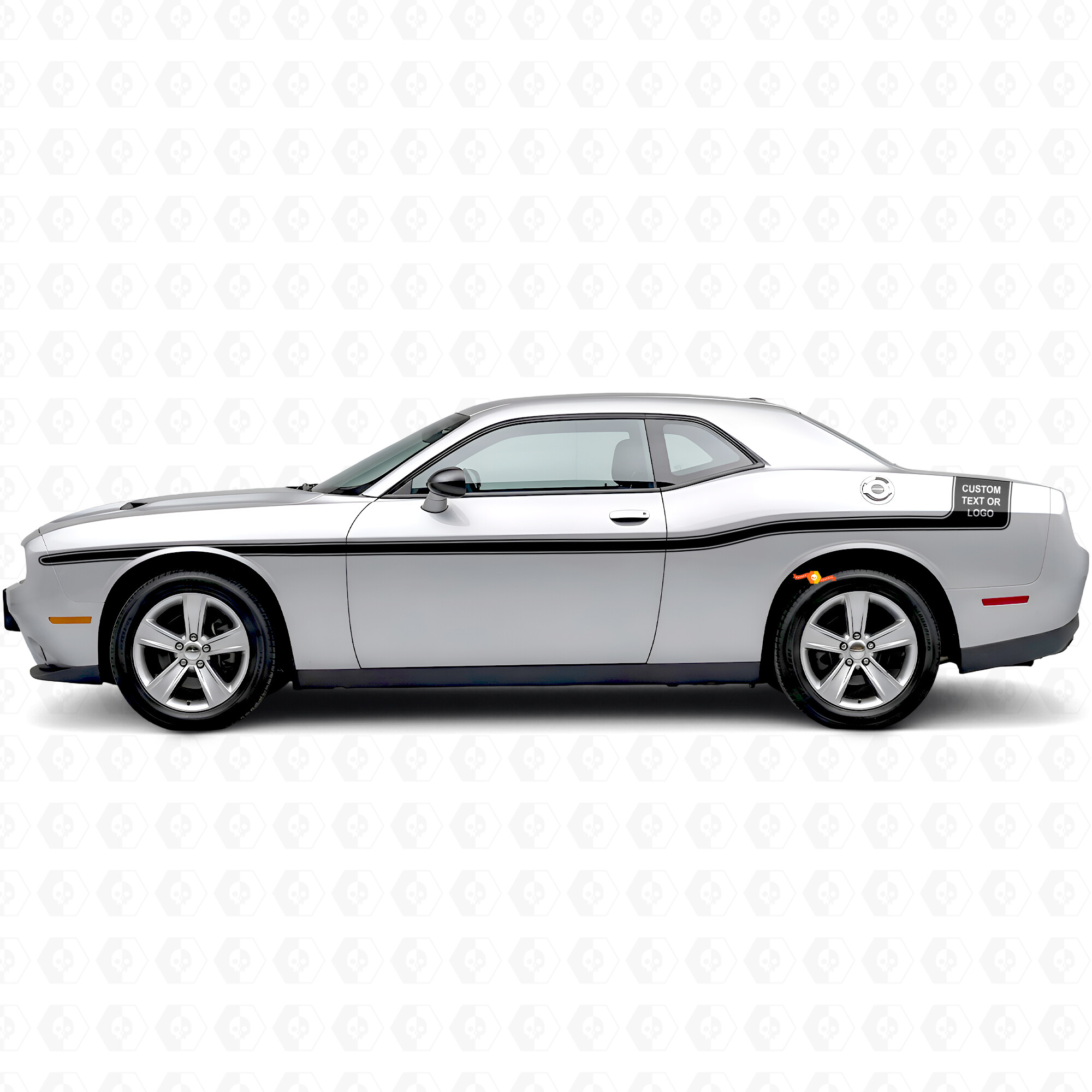 Calcomanía de vinilo lateral con franjas contorneadas y texto personalizado para Dodge Challenger