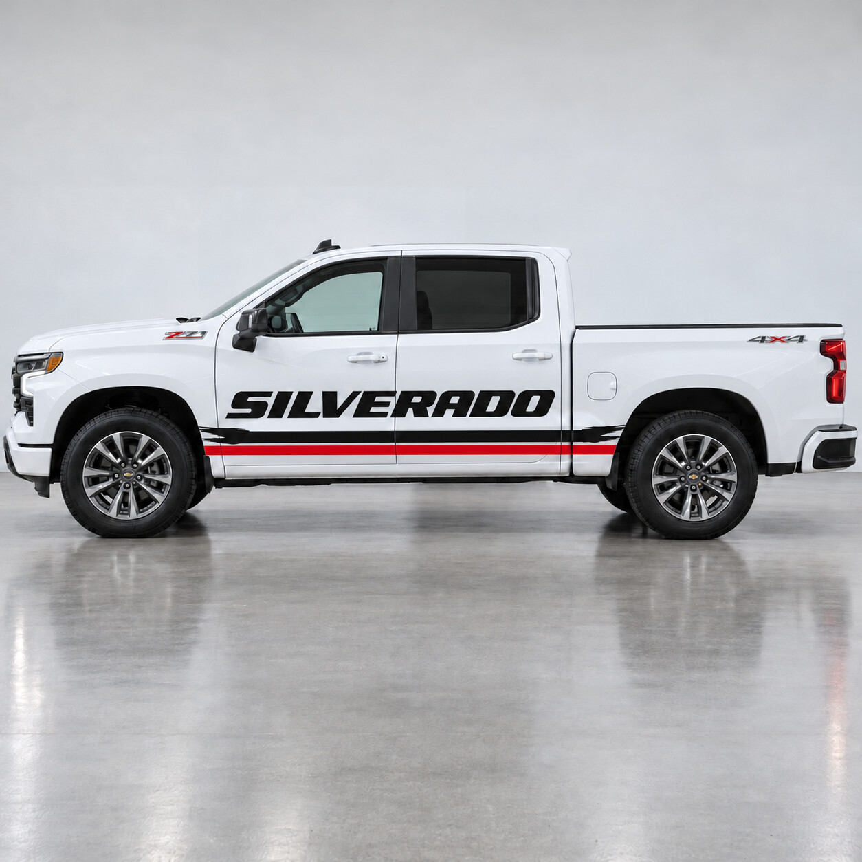 Calcomanía de vinilo lateral con rieles cepillo tipo abierto RST para cabina doble Chevrolet Silverado 2024