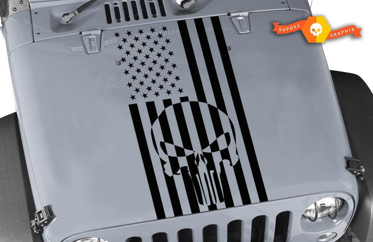 Calcomanía de vinilo en capó con diseño de calavera Punisher y bandera de EE.UU. para Jeep Wrangler