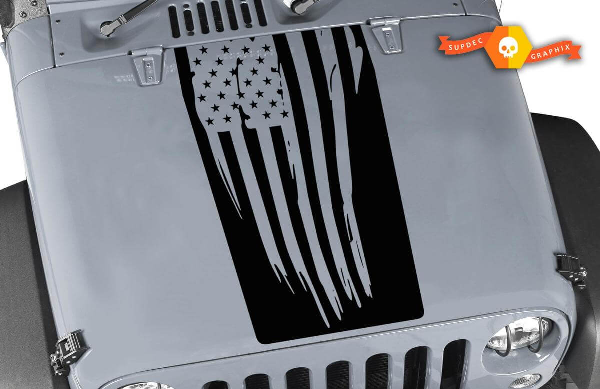 Vinilo adhesivo negro de capó con bandera de EE.UU. envejecida para Jeep Wrangler JK LJ TJ