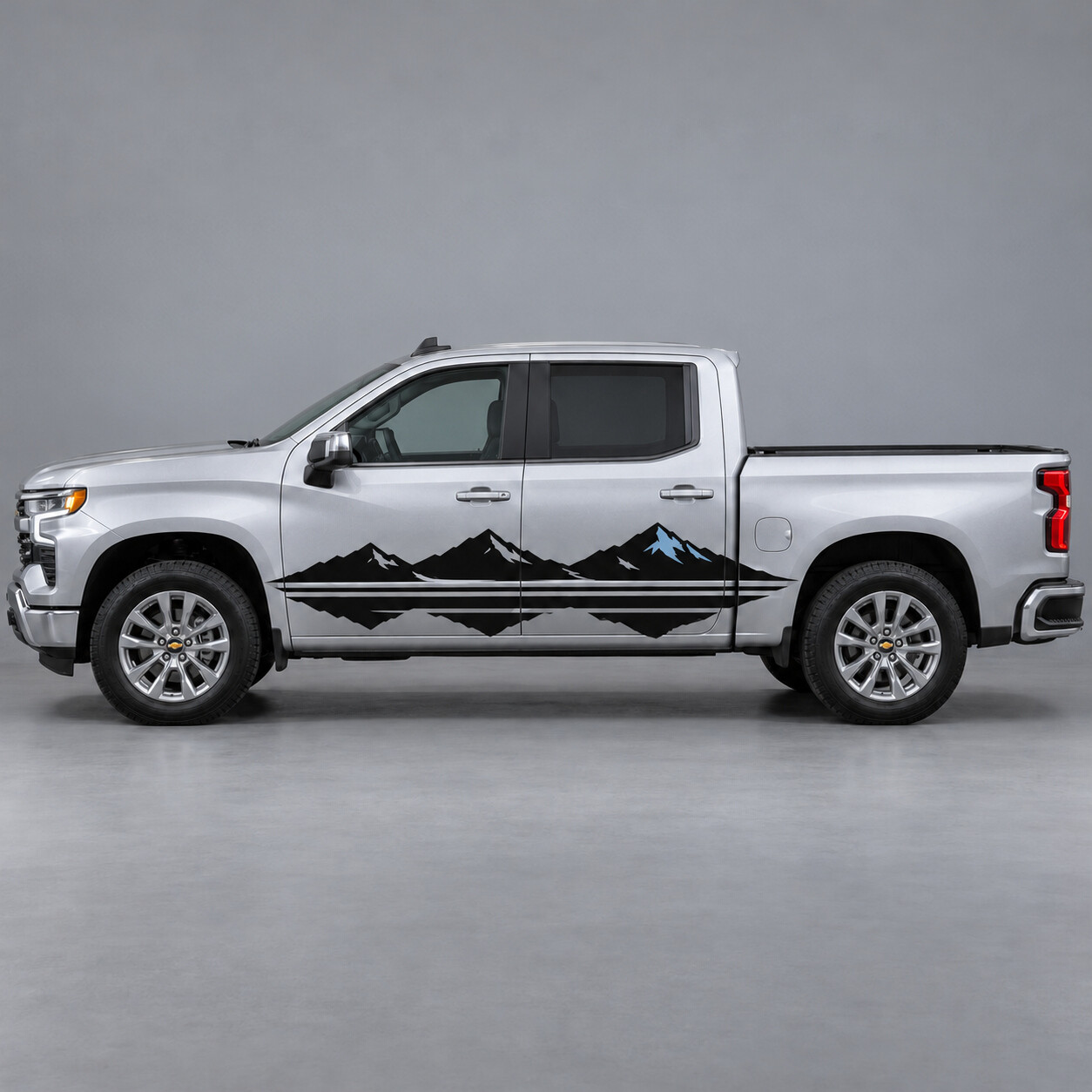 Calcomanía lateral de vinilo con rayas Summit Reflection Mountain para Chevrolet Silverado 1500 LT Crew Cab T1XX 2022–2026