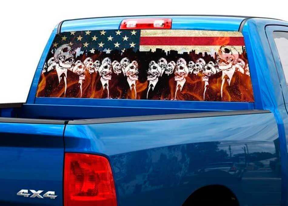 Calcomanía para Ventana Trasera con Bandera USA de Esqueletos Llameantes para Camioneta