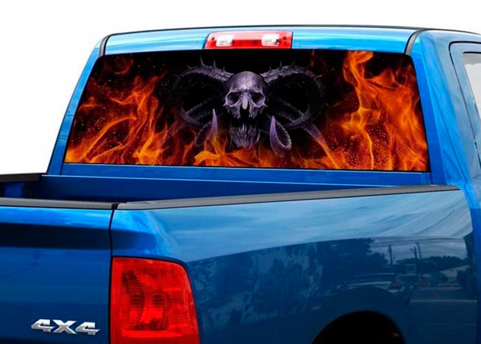 Demonio de la muerte en llamas, pegatina para ventana trasera, camioneta, SUV, coche