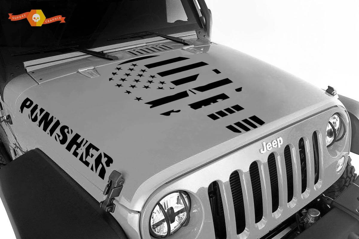 Juego de vinilos adhesivos para capó con calavera Punisher en estilo bandera americana para Jeep Wrangler