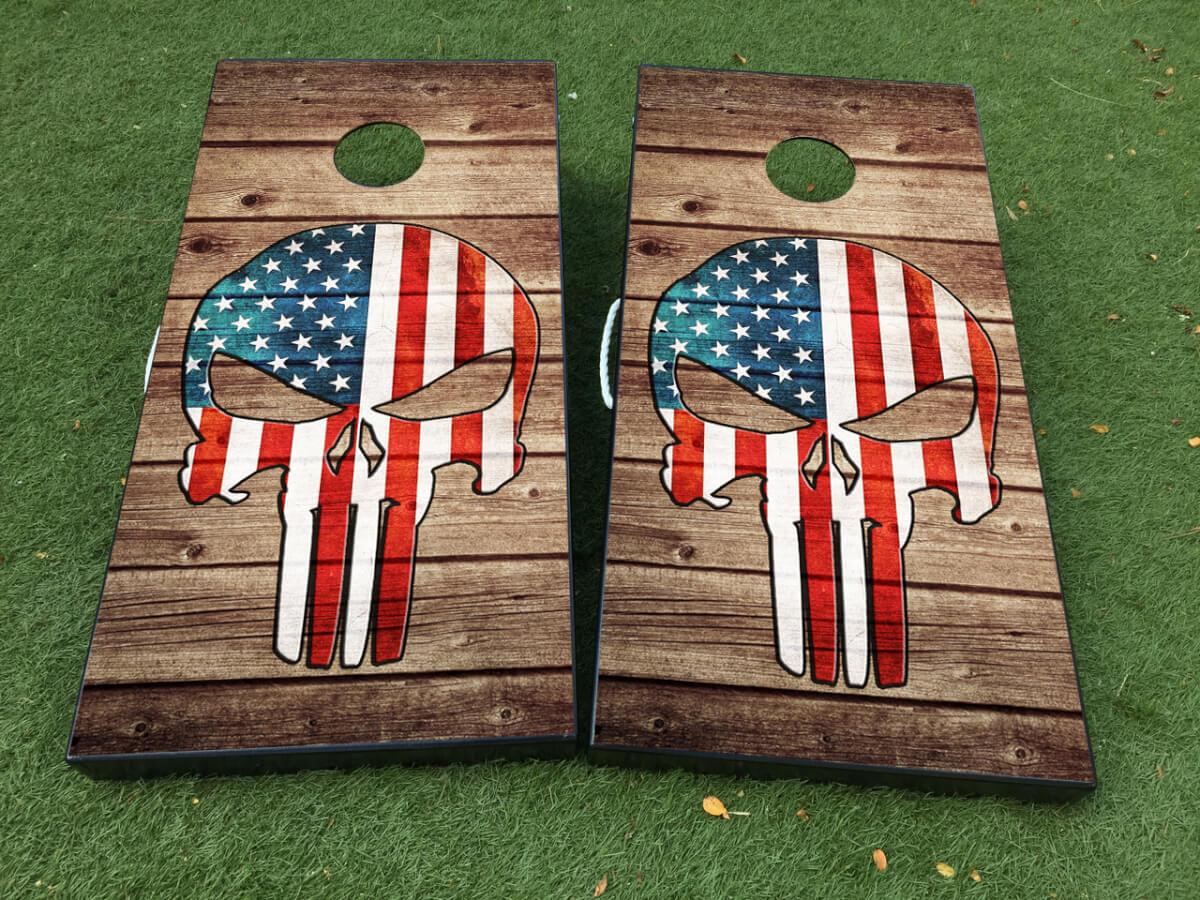 Juego de Pegatinas para Envolver Tablero de Cornhole con Calavera y Bandera de EE. UU. Estilo Punisher