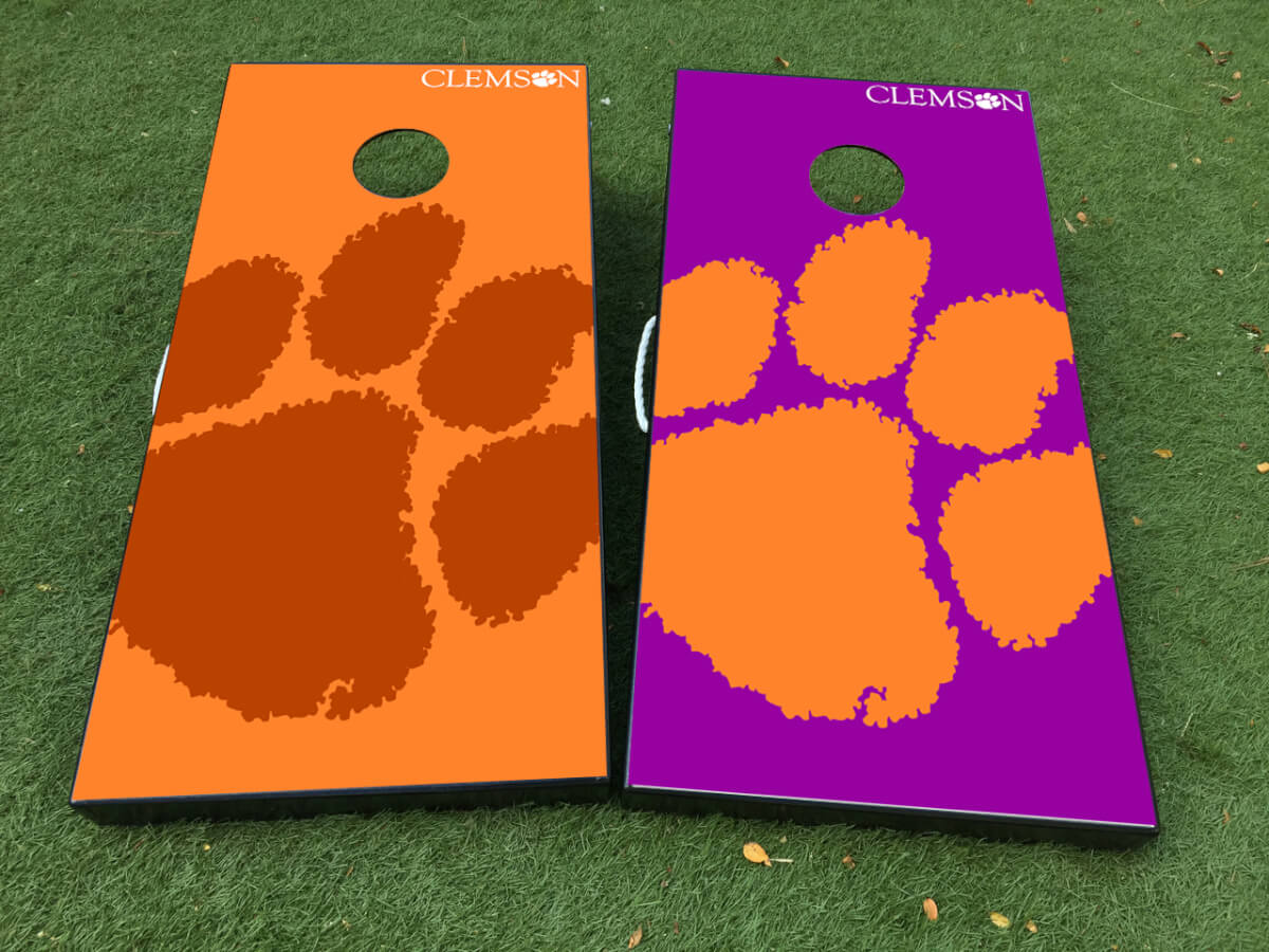 Juego de vinilos adhesivos para tablero de cornhole con garra de los Clemson Tigers