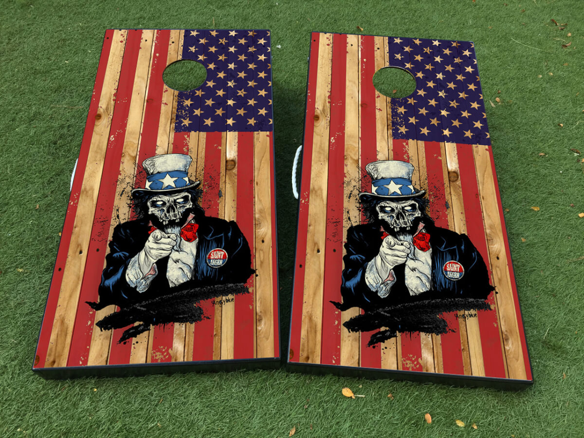 Juego de pegatinas de vinilo para tablero de cornhole con diseño de esqueleto de Tío Sam y bandera americana