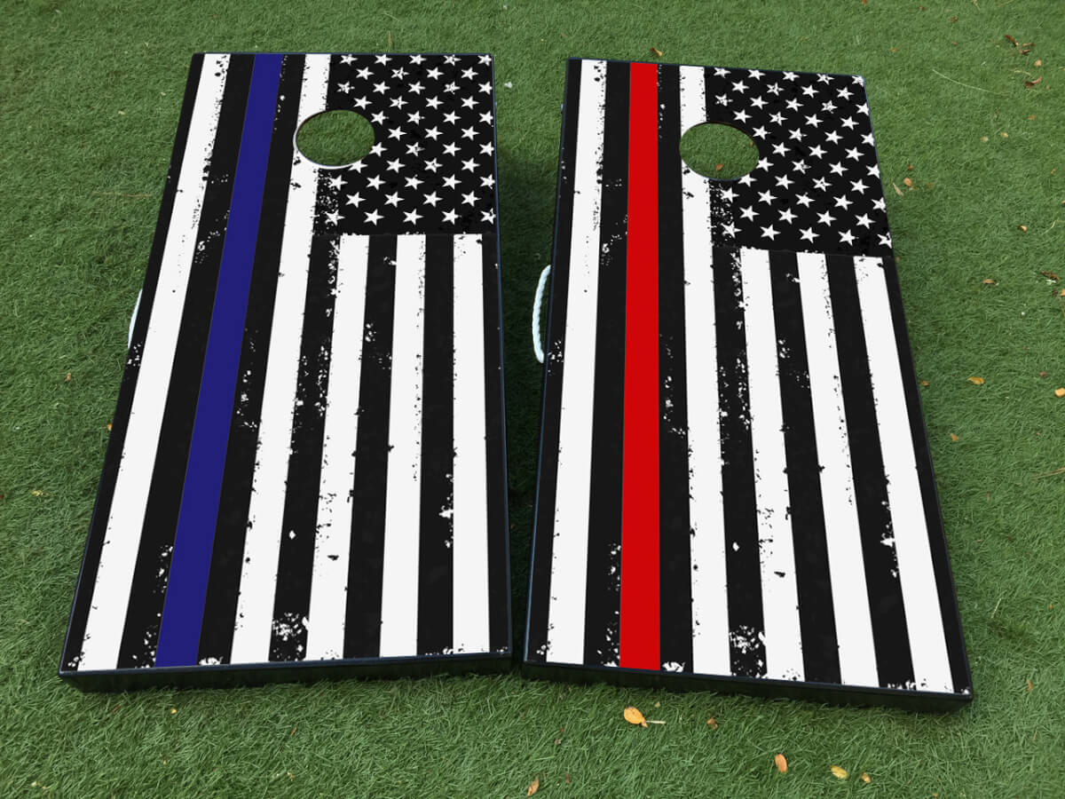Juego de pegatinas para tablero de cornhole con bandera americana desgastada y líneas azul y roja finas