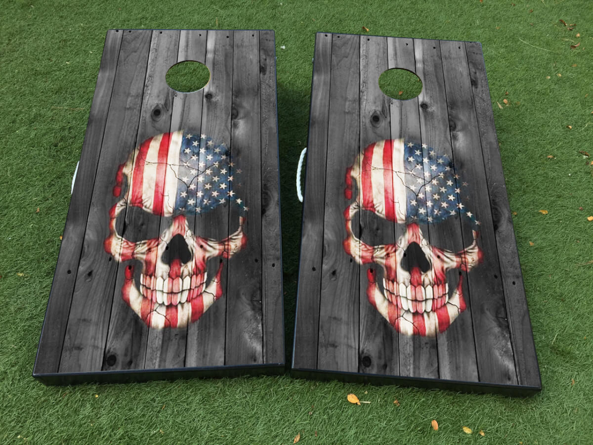 Juego de calcomanías para tabla de cornhole con diseño de calavera y bandera de EE. UU.