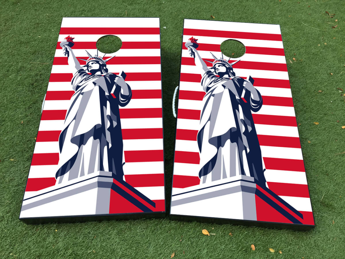 Juego de pegatinas adhesivas para tablero de cornhole con diseño de bandera americana y Estatua de la Libertad