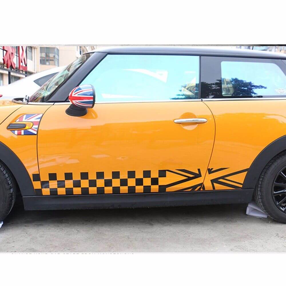 Calcomanías con franjas de carreras a cuadros para faldones laterales de MINI Cooper F56