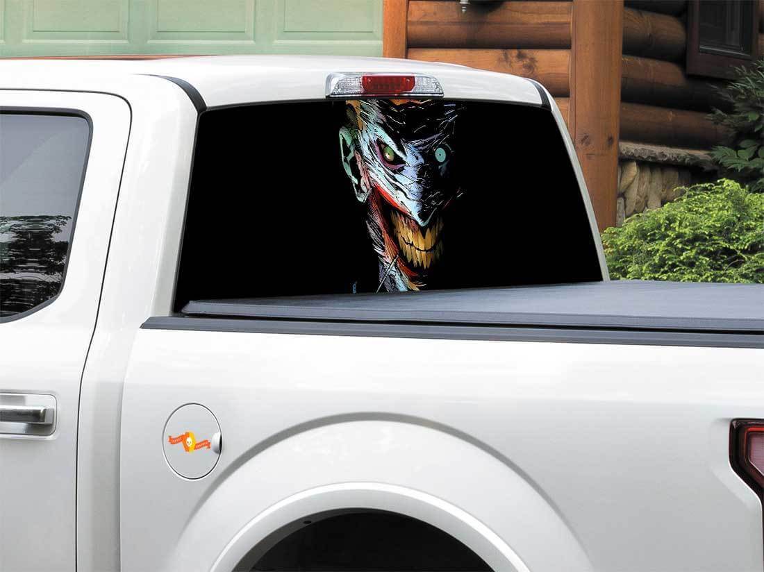 Calcomanía de vinilo para ventana trasera con cara de villano de cómic espeluznante para camión pickup SUV