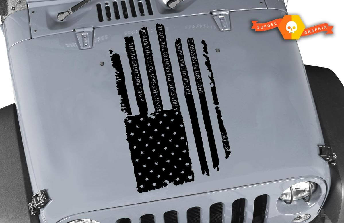 Calcomanía de vinilo desgastada de bandera americana Segunda Enmienda para capó de Jeep Wrangler