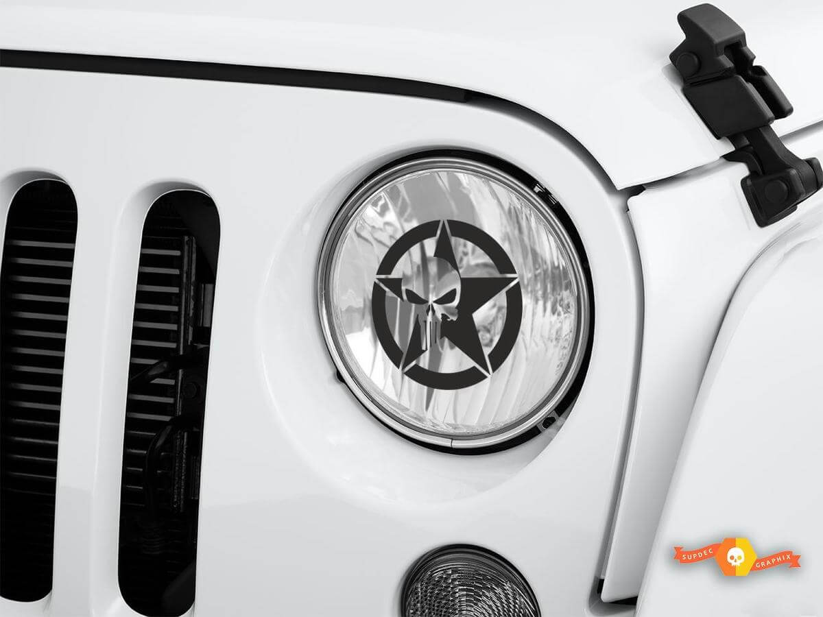 Juego de pegatinas de vinilo estilo vidrio grabado con calavera militar Star para faros de Jeep Wrangler