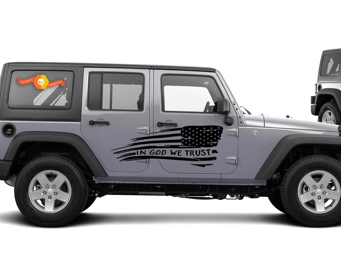 En DIOS confiamos - Etiqueta gráfica de la bandera Calcomanía lateral del cuerpo se adapta a Jeep Wrangler USA JKU
