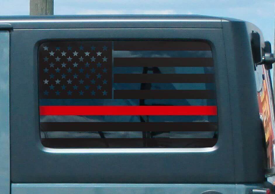 Adhesivo vinilo rojo de línea en la ventana trasera lateral con la bandera de EE. UU. para Jeep Wrangler