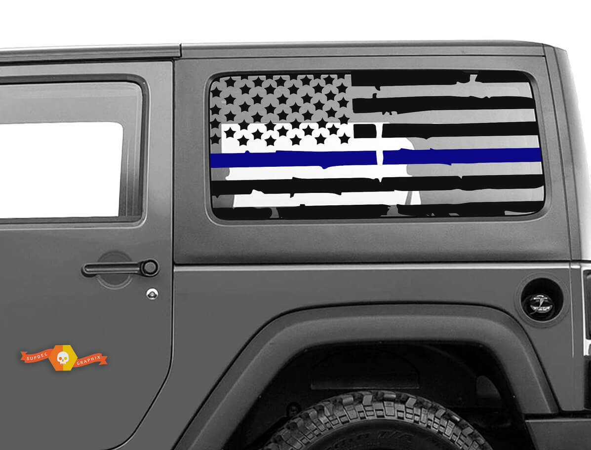 Juego de calcomanías de vinilo para ventana lateral con bandera de EE. UU. desgastada y línea azul para Jeep Wrangler JK