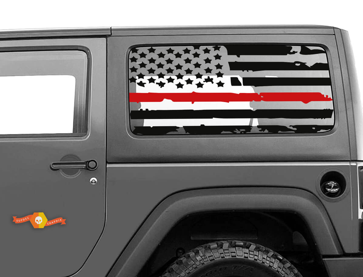Pegatina de vinilo para ventana lateral Hardtop con bandera de EE. UU. en mal estado y línea roja para Jeep Wrangler