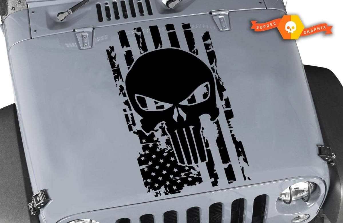 Calcomanía de vinilo con capucha de calavera castigo y bandera de EE.UU. desgastada para Jeep Wrangler