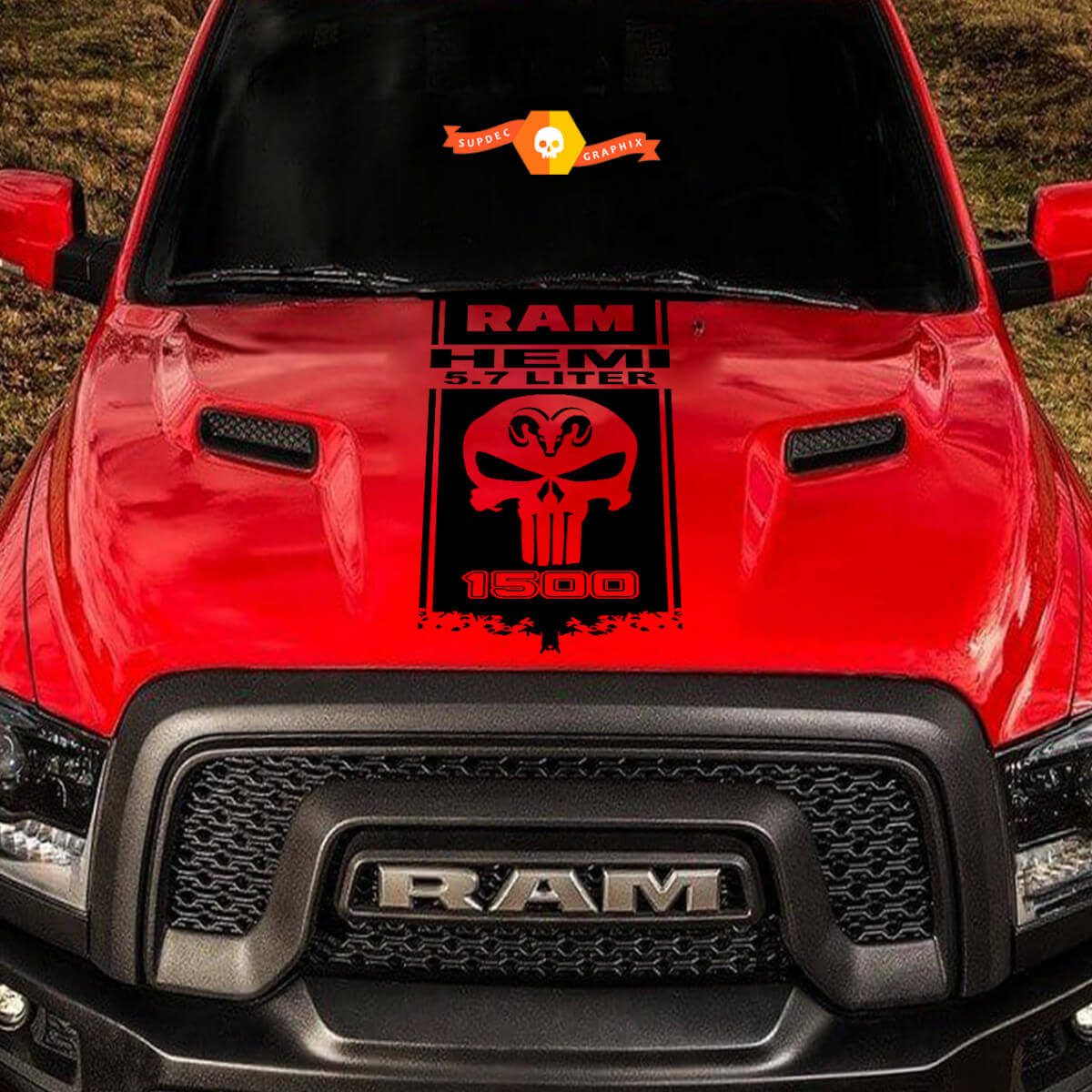 Vinilo adhesivo con calavera estilo 5.7L HEMI Punisher para capó Dodge Ram 1500-3500