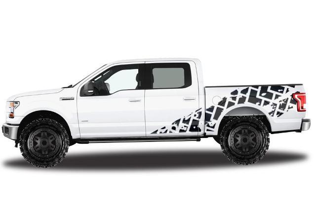 Ford F-150 (2015-2017) Supercrew 5.5 Bed Kit de envoltura de calcomanías adhesivas de vinilo personalizadas - Huellas de neumáticos
