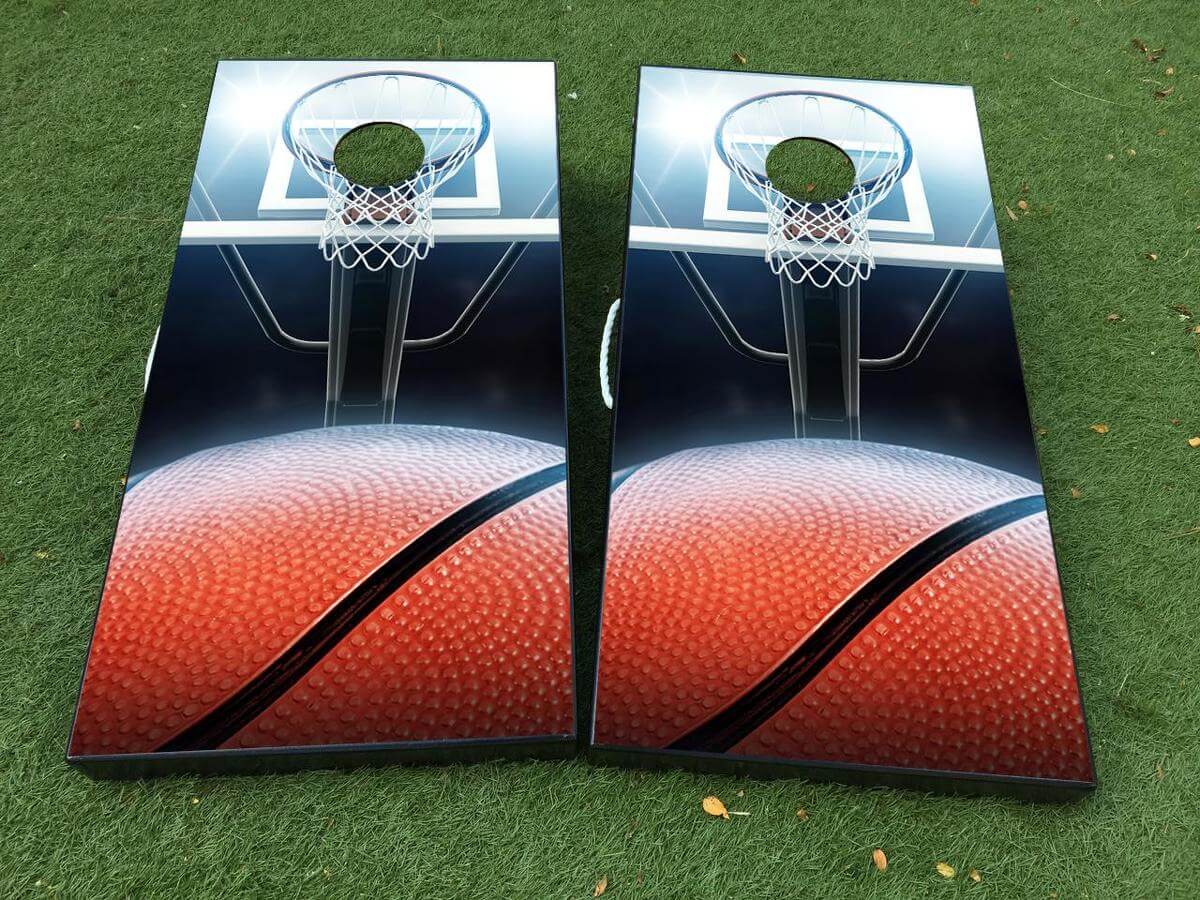 Juego de calcomanías de vinilo para tablero de cornhole con aro de baloncesto